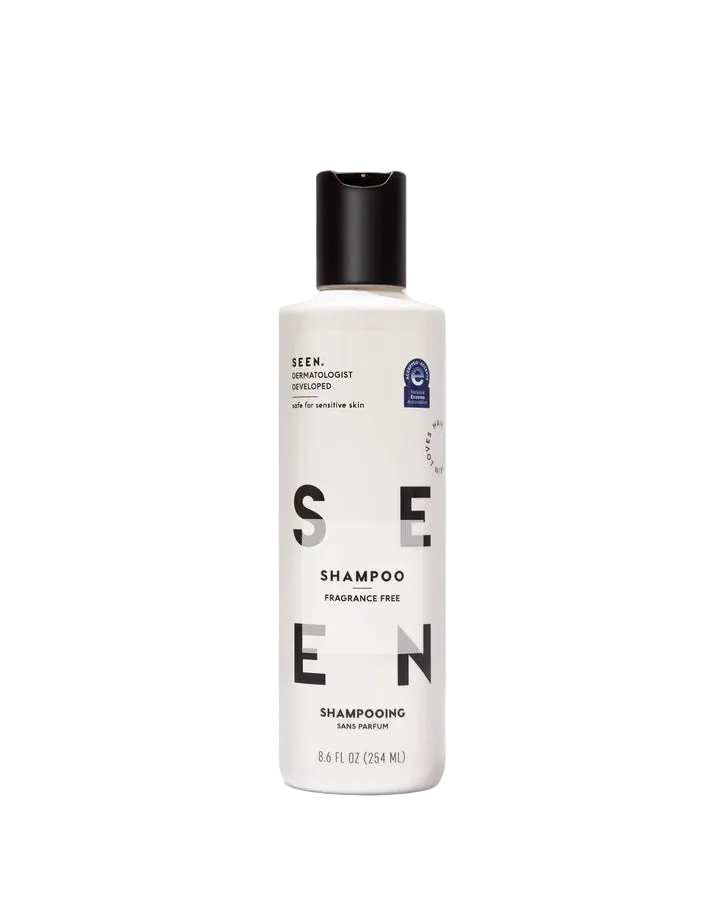 Shampoo bottle labeled 'Seen' on a white background