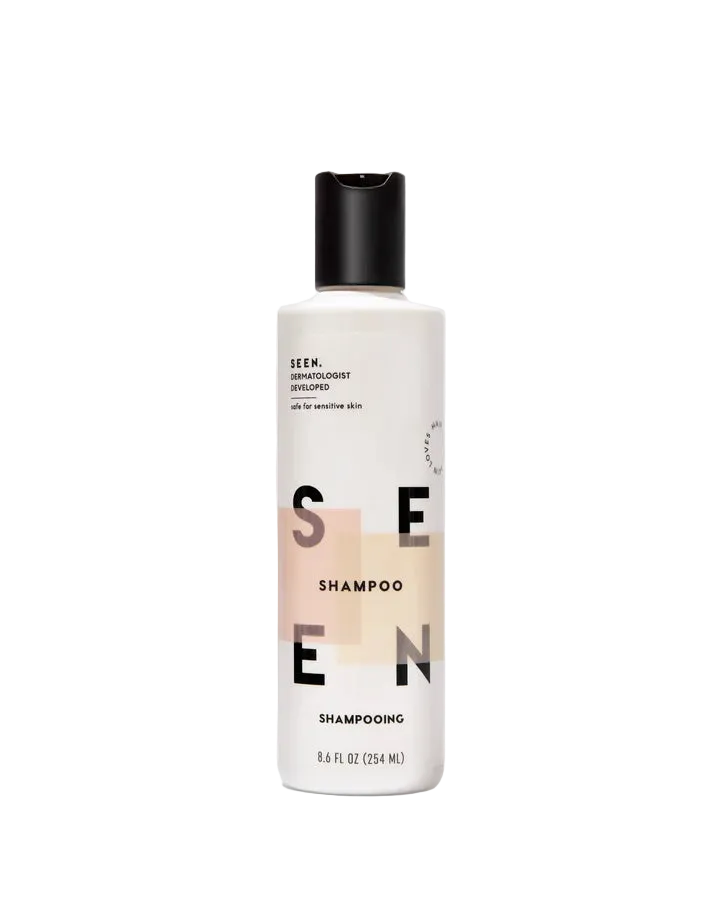 Shampoo bottle labeled 'SEEN' on a white background