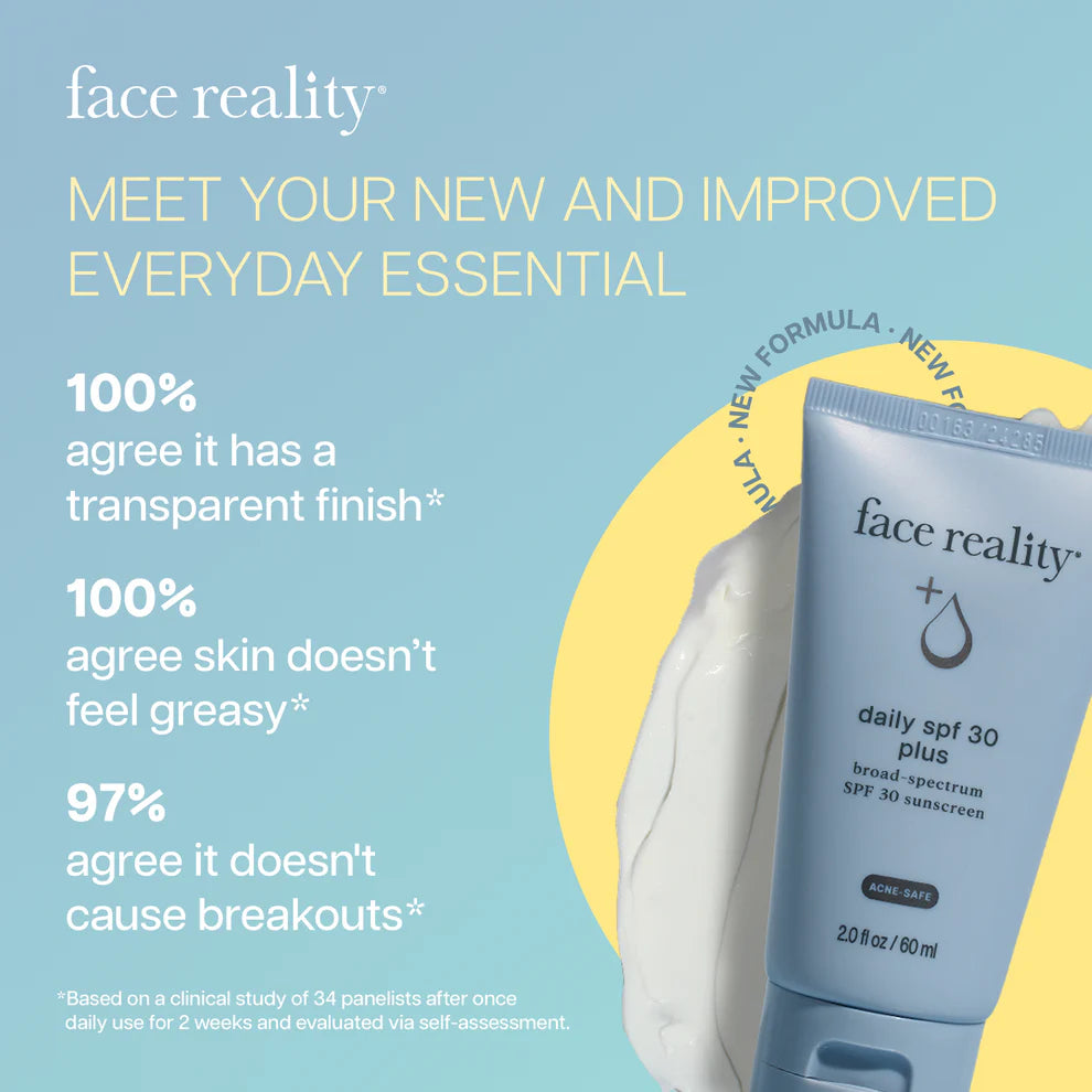 Advertisement for 'face reality' sunscreen with product and text on a light blue background