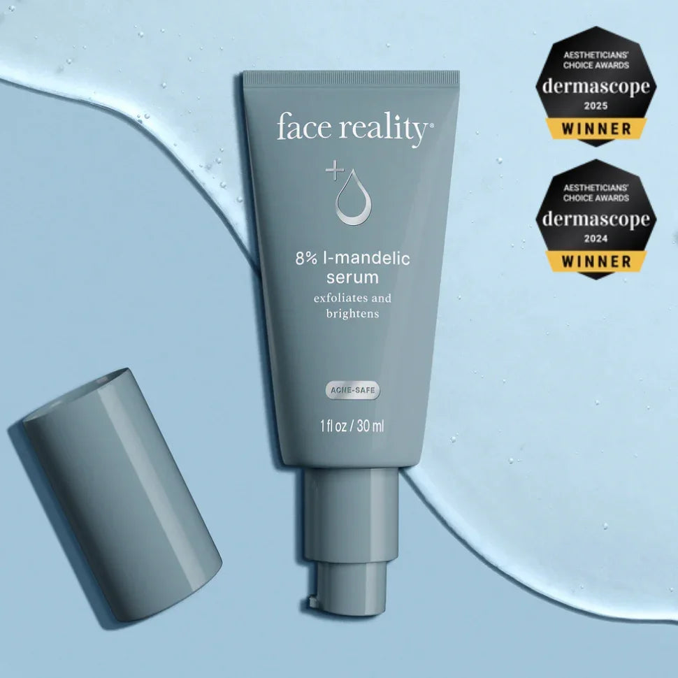 Face Reality 8% l-mandelic serum tube with open cap, acne-safe exfoliating skincare, award winner.