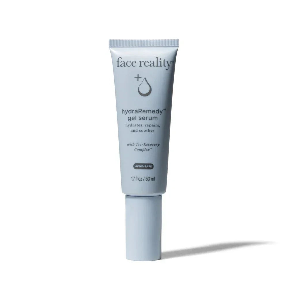 Tube of hydraRemedy gel serum for acne-prone skin on white background