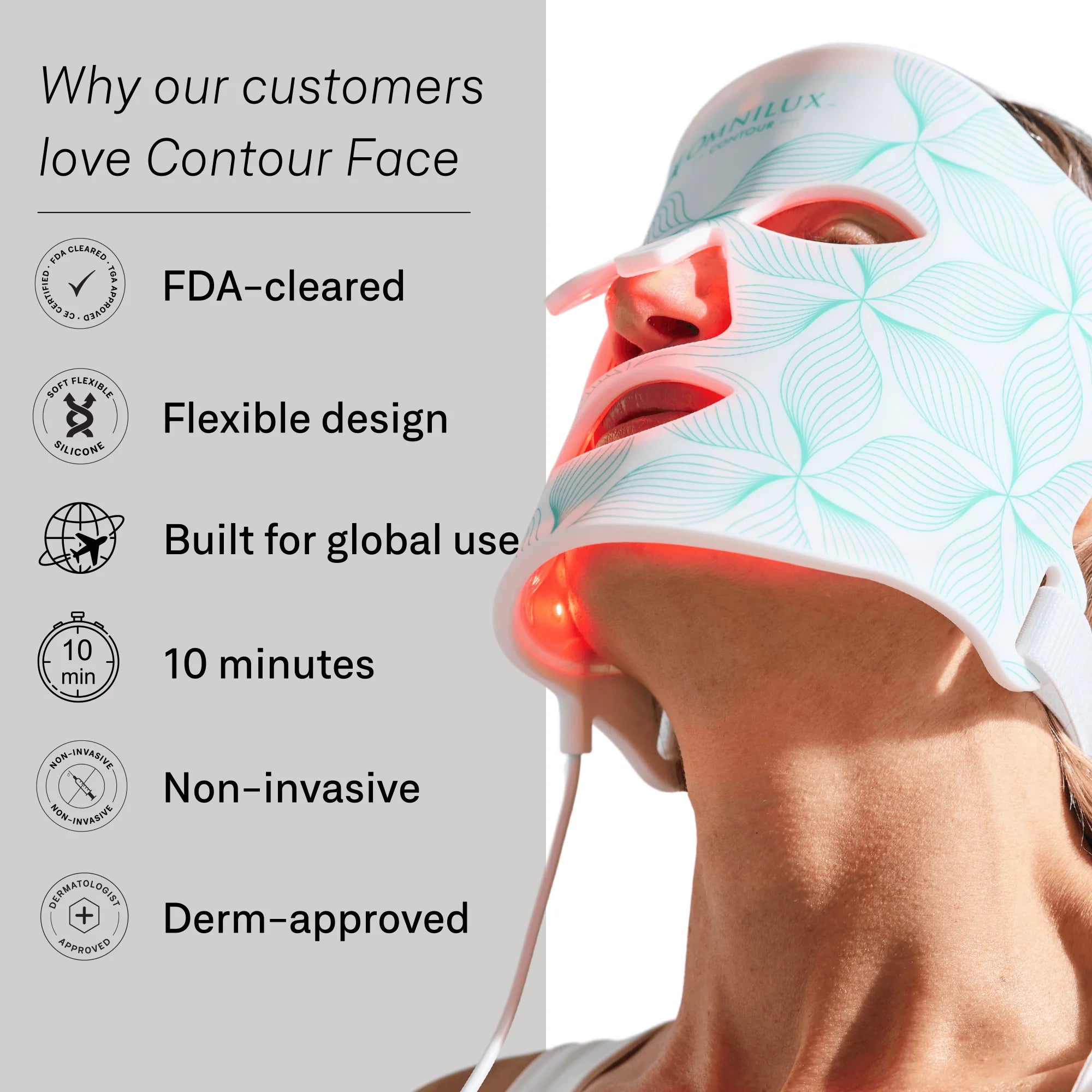 Person wearing a Contour Face device with text highlighting its features on the left.