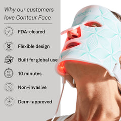 Person wearing a Contour Face device with text highlighting its features on the left.