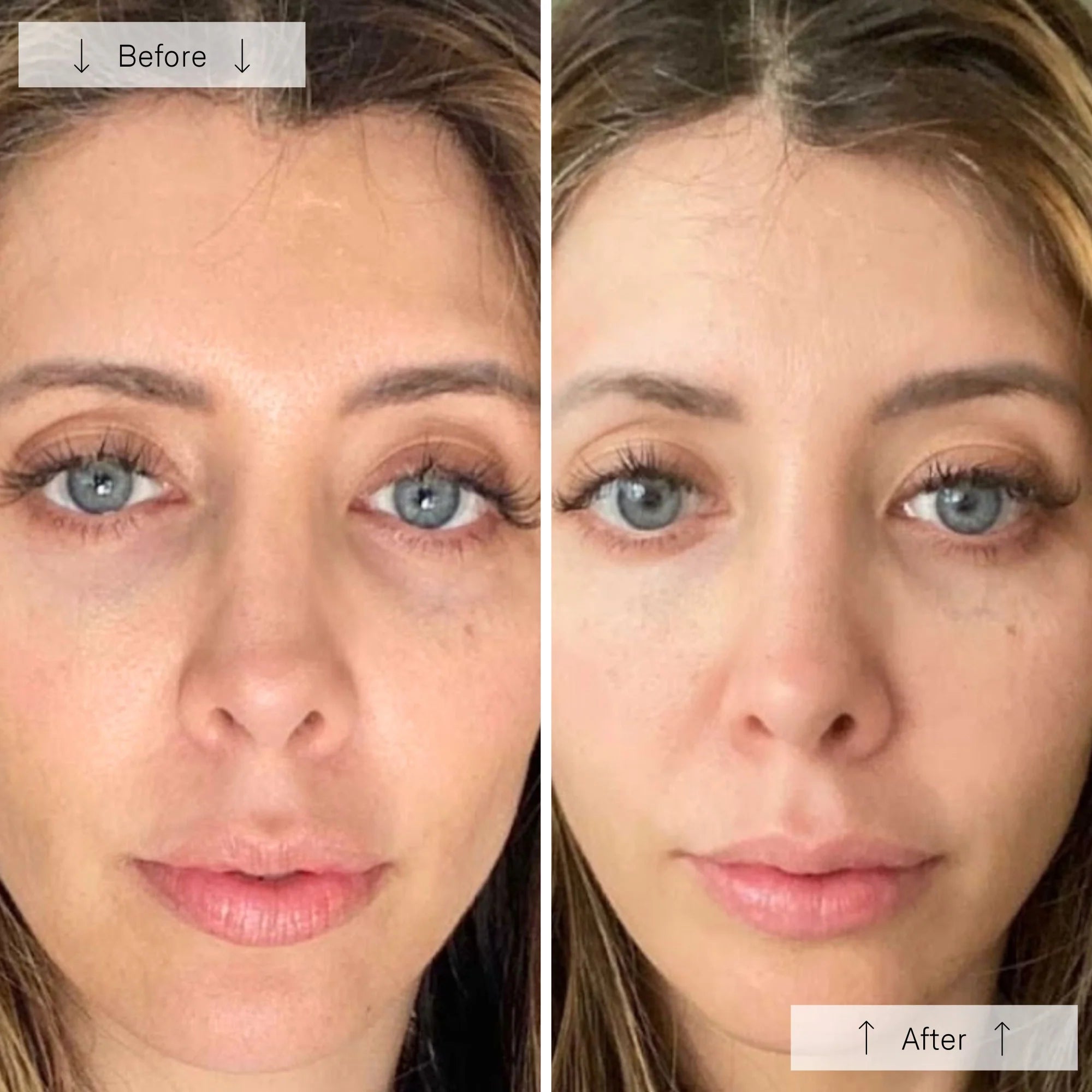 Before and after comparison of a woman's face with visible makeup changes.