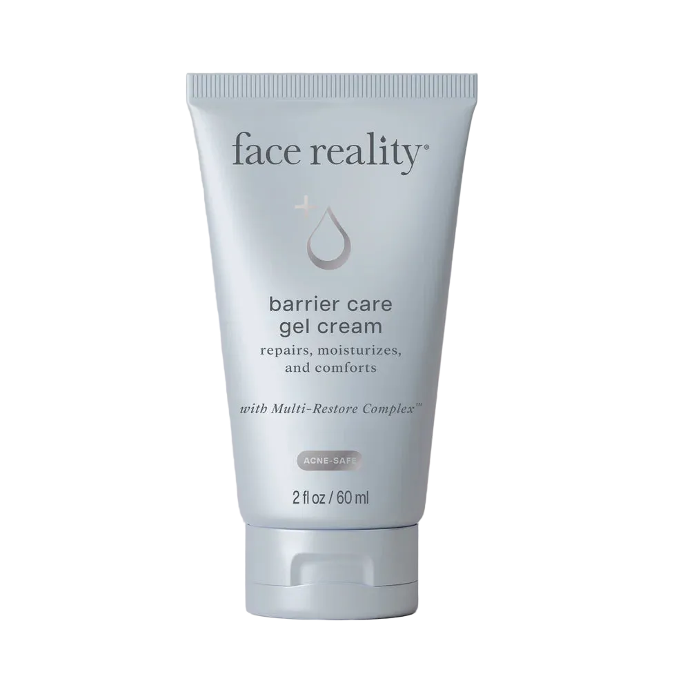 Tube of 'face reality' barrier care gel cream on a beige background