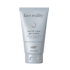 Tube of 'face reality' barrier care gel cream on a beige background