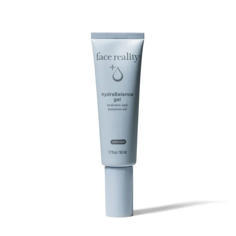 Hydrating gel in light blue tube labeled hydraBalance, designed for acne-prone skin care