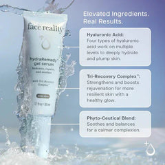 HydraRemedy gel serum tube in water with benefits for hydrating, soothing, healthy skin highlighted.