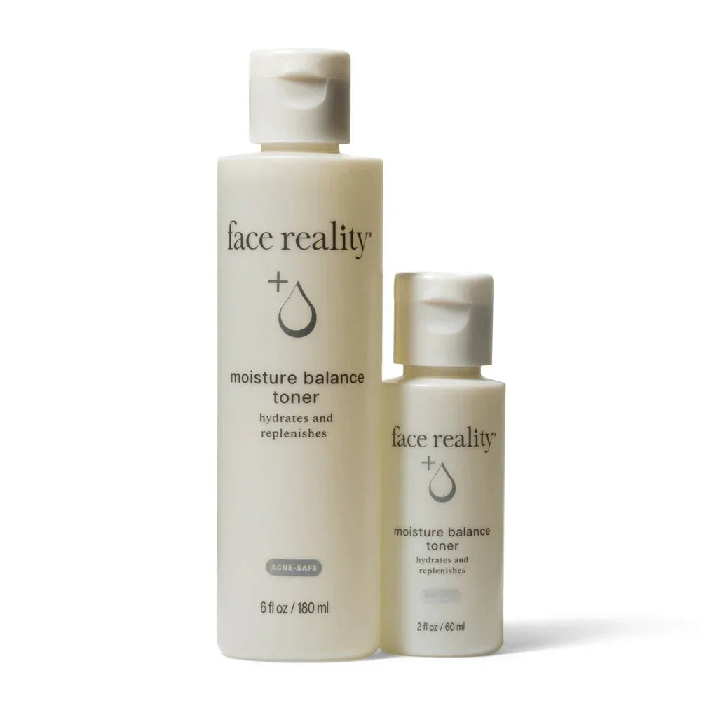 Two bottles of moisture balance toner for hydrating and replenishing skin on white background